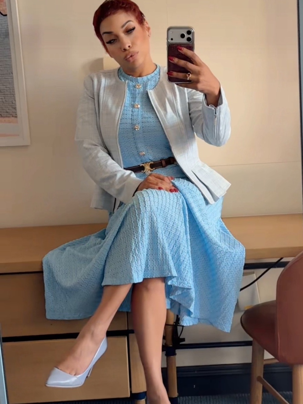 White House Black Market Light Blue Textured Dress with Pale Blue Jacket